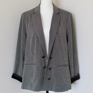 Black & White Micro-Check Print Open Front Double-Breasted Blazer
